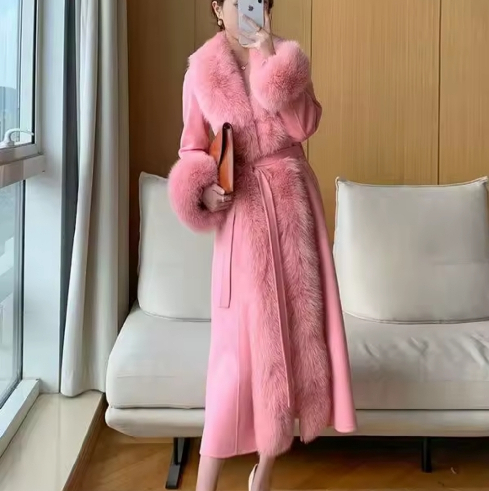 Winter New Women Elegant Solid Faux Fur Collar Woolen Coats Lady Thick Warm Pink - Picture 4 of 6